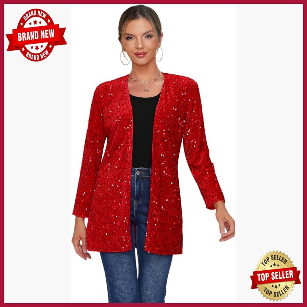 Large Sequin Blazer Glitter Coat Open Front Long Sleeve Party Jacket